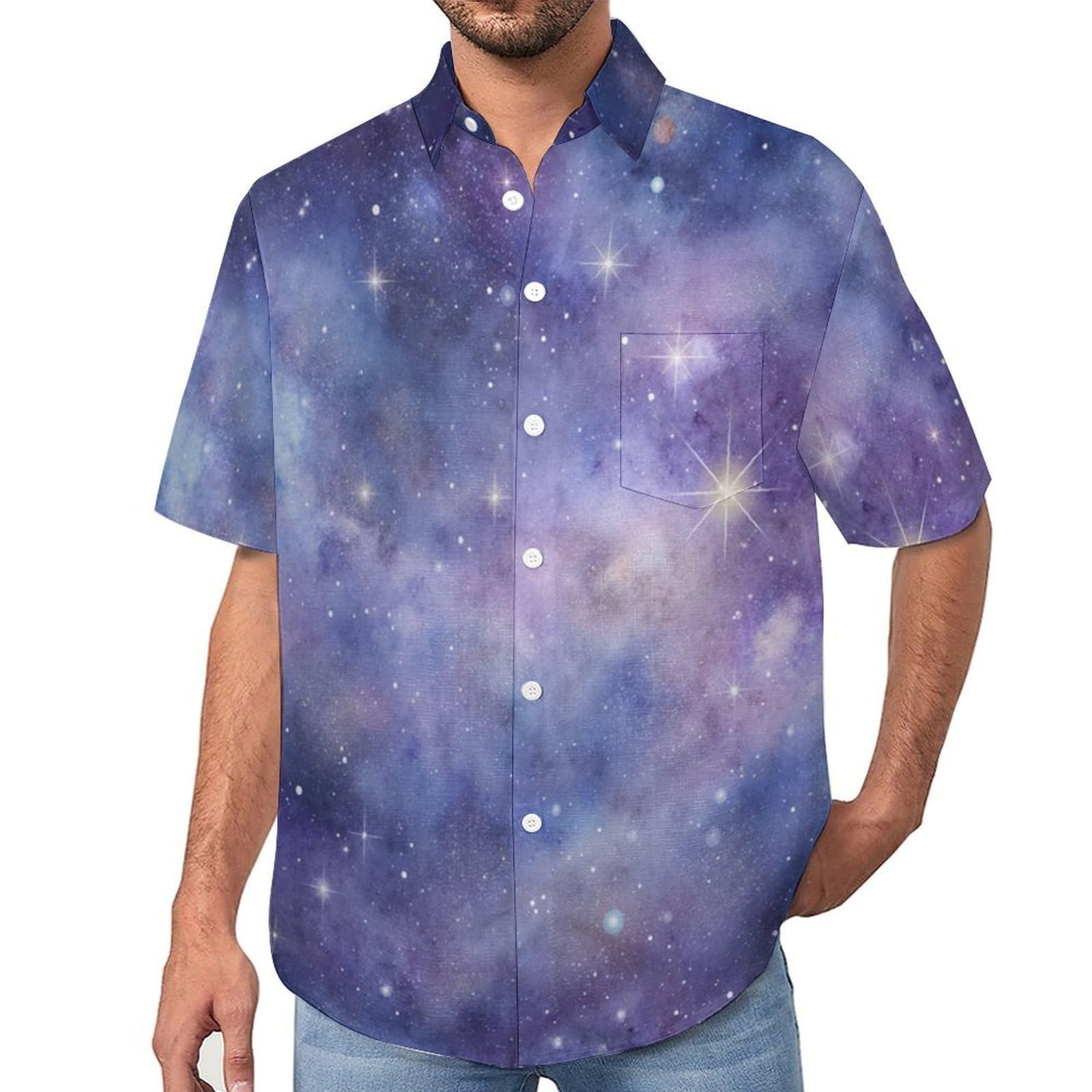 Camicia Casual da Uomo, Galassia Viola Stampa Maglietta Estiva a Maniche Corte Stile Sogno Casual Button Down Hawaiani Camicie Risvolto Spiaggia Top
