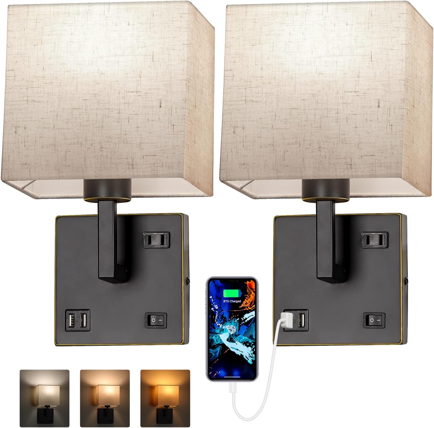 AVV Wall Sconce Lighting, Bedside Wall Mount Light with USB Port, AC Outlet and 3 Color 2700K/4000K/5000K Selectable, Fabric Linen Shade, Wall Lamps for Bedroom Living Room Hotel, Hardwire, Black, 2PK