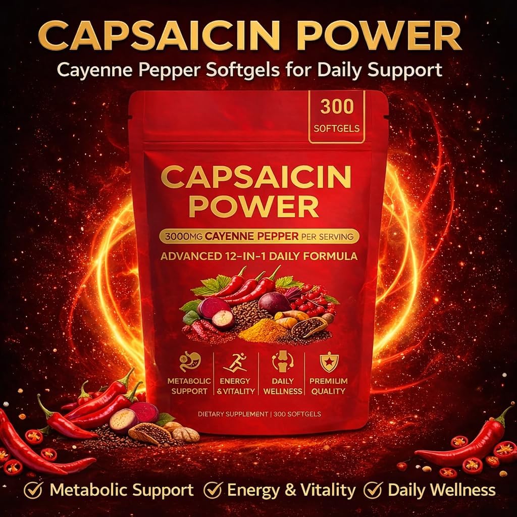 Capsaicin Power, Cayenne Pepper Supplements Softgels & Capsaicins Capsules, Capsaicin Supplement with Vitamin E, D3 & K2, Grape Seed, Beetroot & Turmeric Extract, 300 Softgels