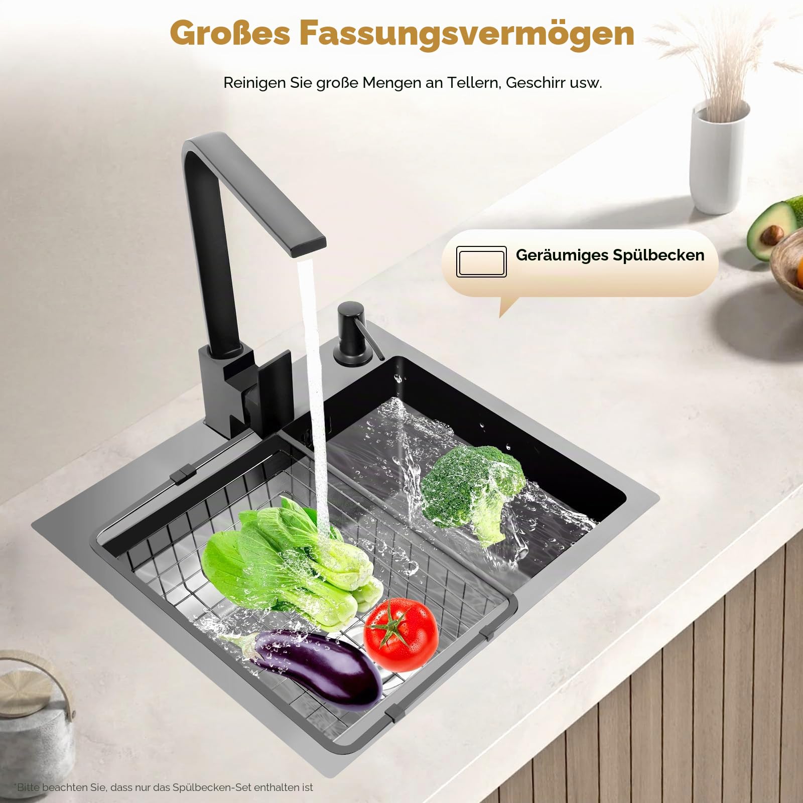 Spüle Küche, Spülbecken Schwarz 45x40cm, Küchenspüle aus Edelstahl mit Armatur Set, Einbauspüle mit Abtropfkorb & Seifenspender, Moderne Spüle Küche (Mit Ohne Wasserhahn)
