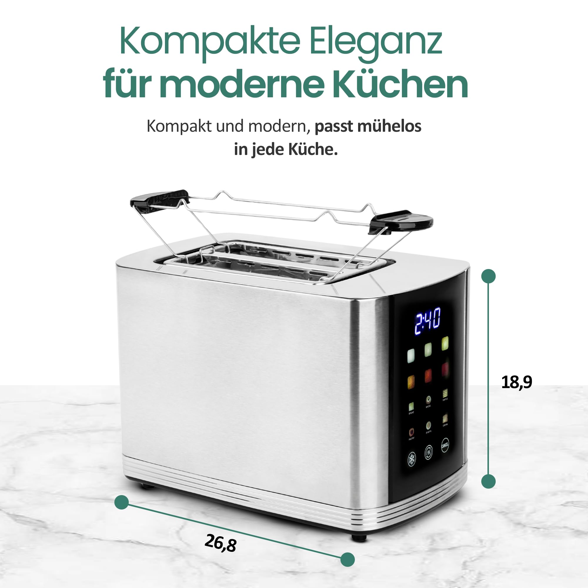 EMERIO TO-132888 Grille-pain en acier inoxydable avec grand écran couleur | Touch | 2 fentes à toast | Centrage automatique | Tiroir ramasse-miettes | Démolition/décongélation/chauffage | 6