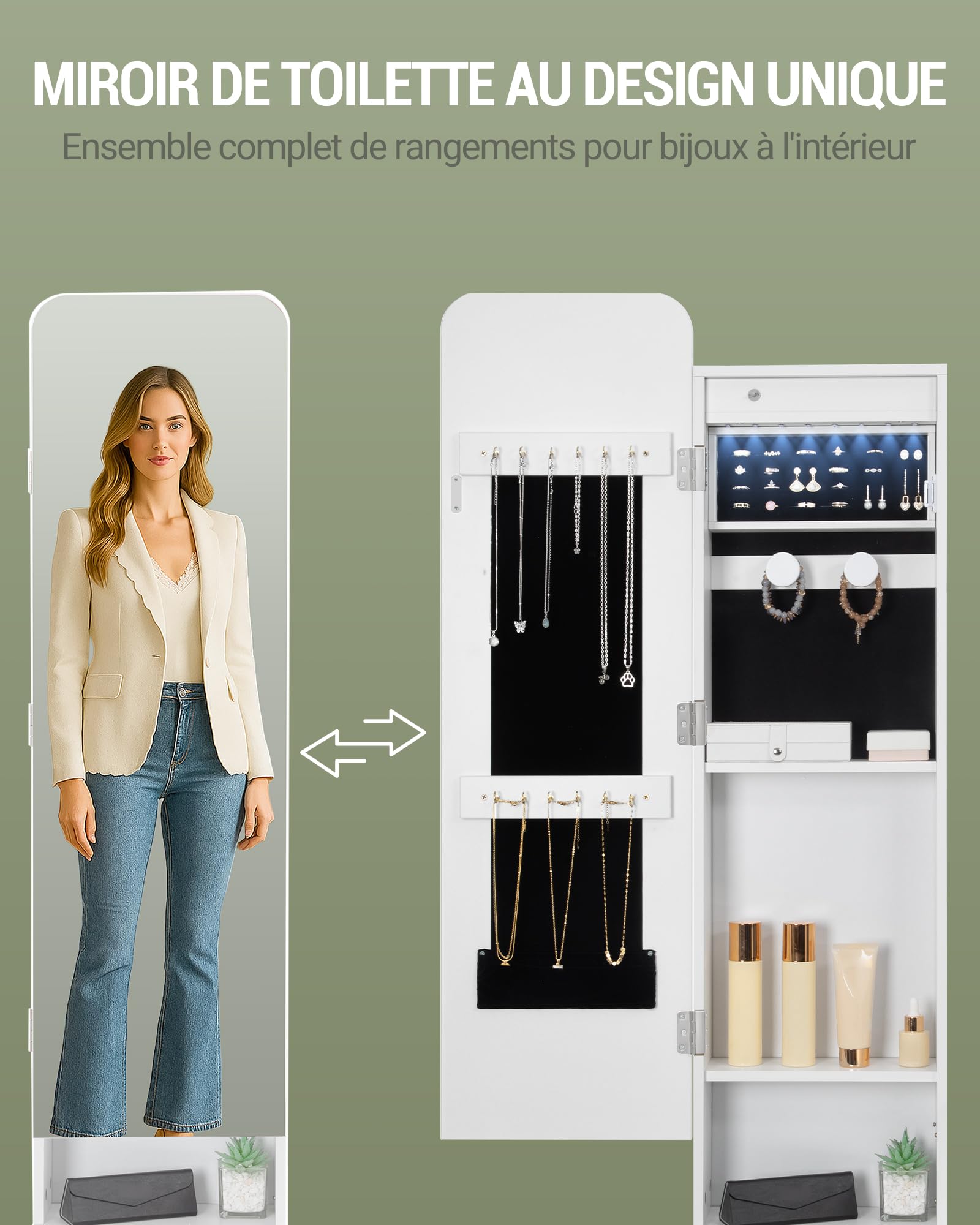 Hzuaneri Grande Coiffeuse avec éclairage, Miroir et Armoire à Bijoux, Blanc