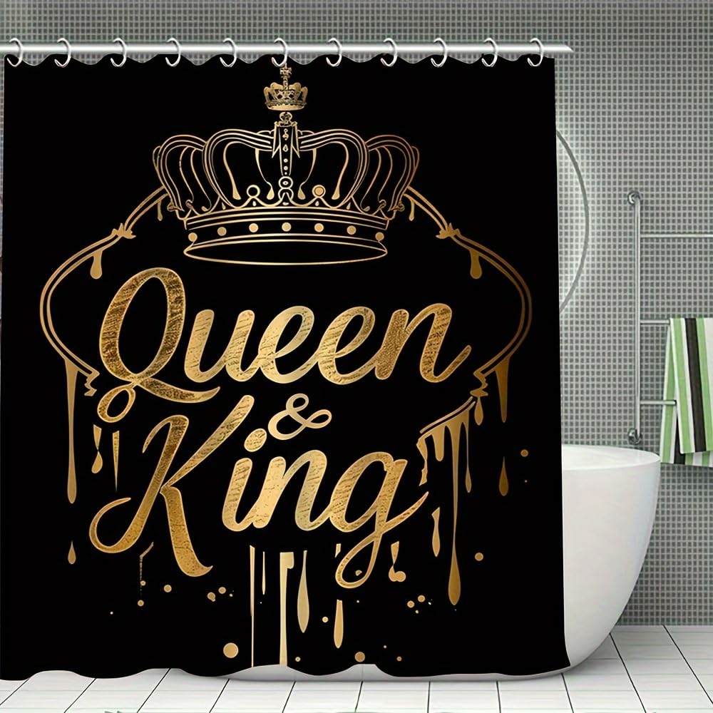 GLWDMB 1 Piece 150x180CM Golden Crown Printed Shower Curtain With Hook, Polyester, for Windows And Walls, Bathtub, Bathroom, Machine Washable, All Season Universal