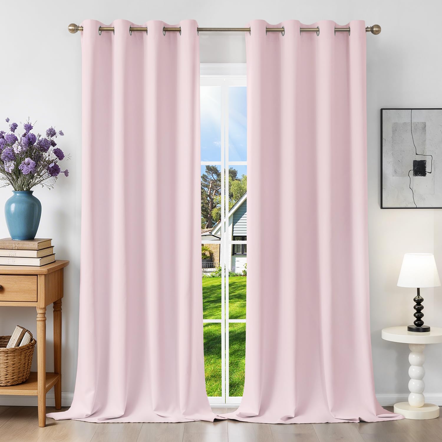 Runyéla Light Pink Curtains Blackout for Bedroom Eyelet 46 x 90 Inch Drop Thermal Black Out Curtain for Living Room, 2 Panels
