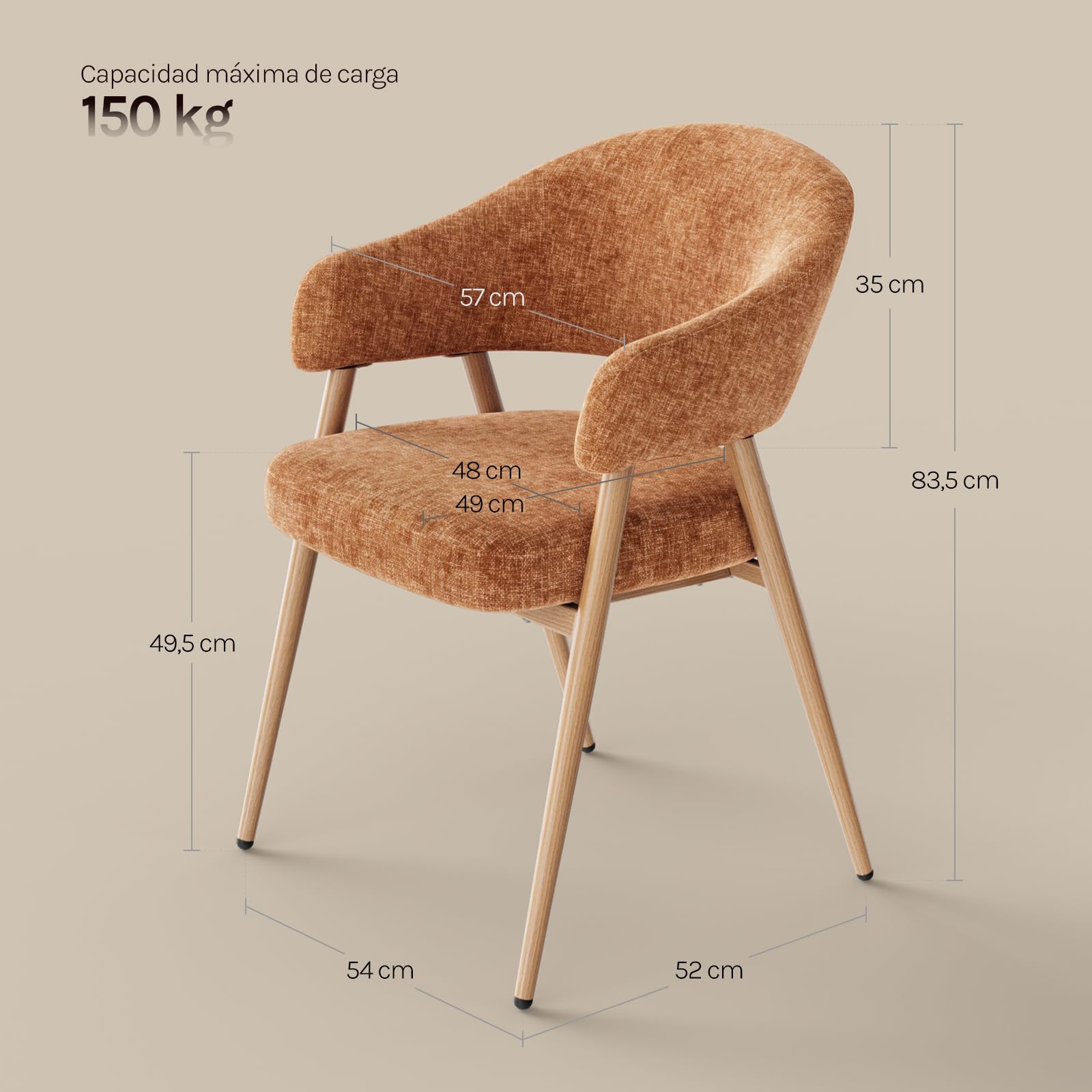WOLTU Juego de 2 Sillas de Comedor Ergonómicas, Marrón Caramelo | Respaldo Ahuecado, Patas Ajustables, Asiento de Tejido de Chenilla, Patas Metálicas, para Comedor, Cocina, Salón y Dormitorio