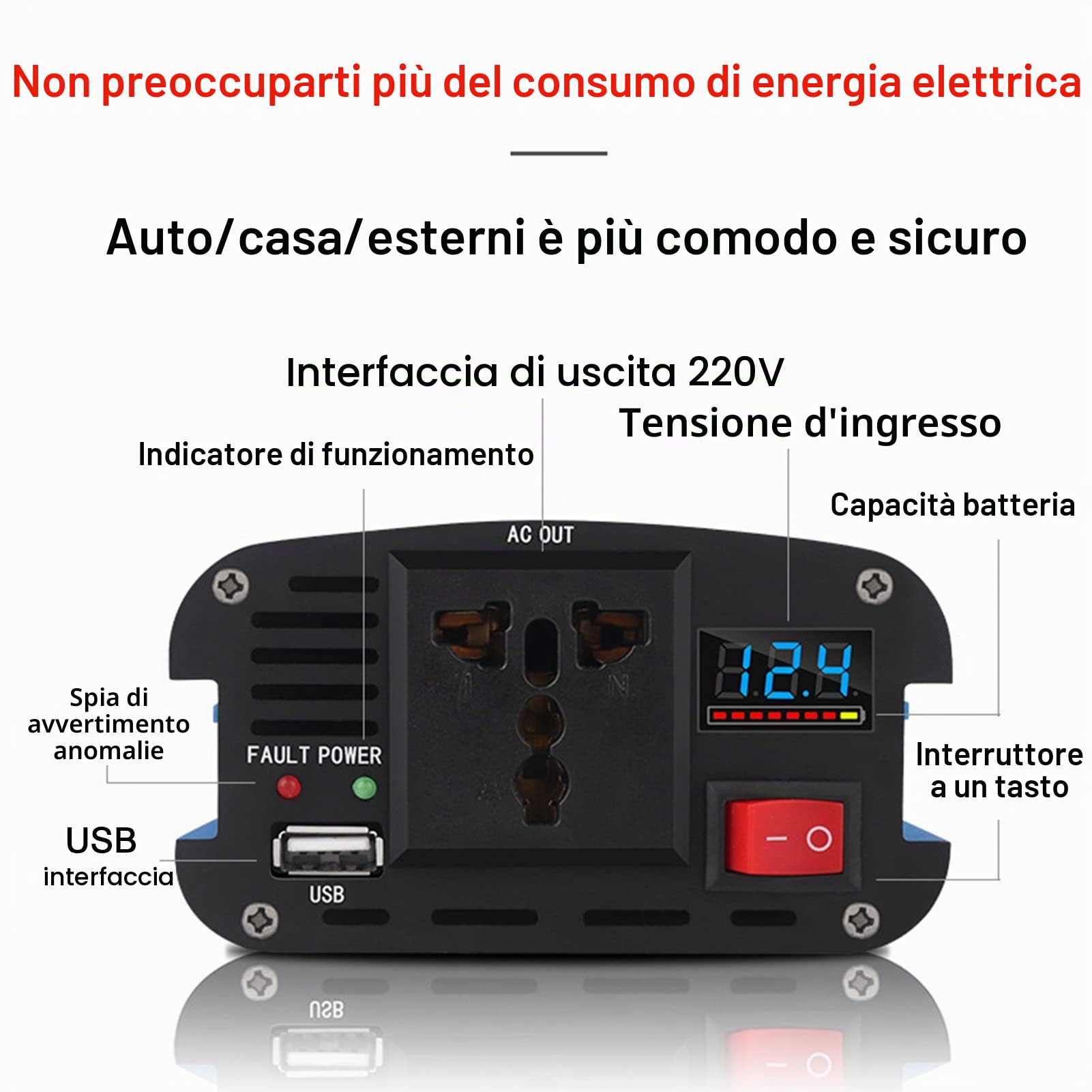 500W 1200W 2000W 2600W Inverter di Potenza DC 12V 24V 36V 48V 60V a AC 110V 220V Convertitore di Tensione del Veicolo con Clip per Accendisigari a Coccodrillo e Display,1200W-36V