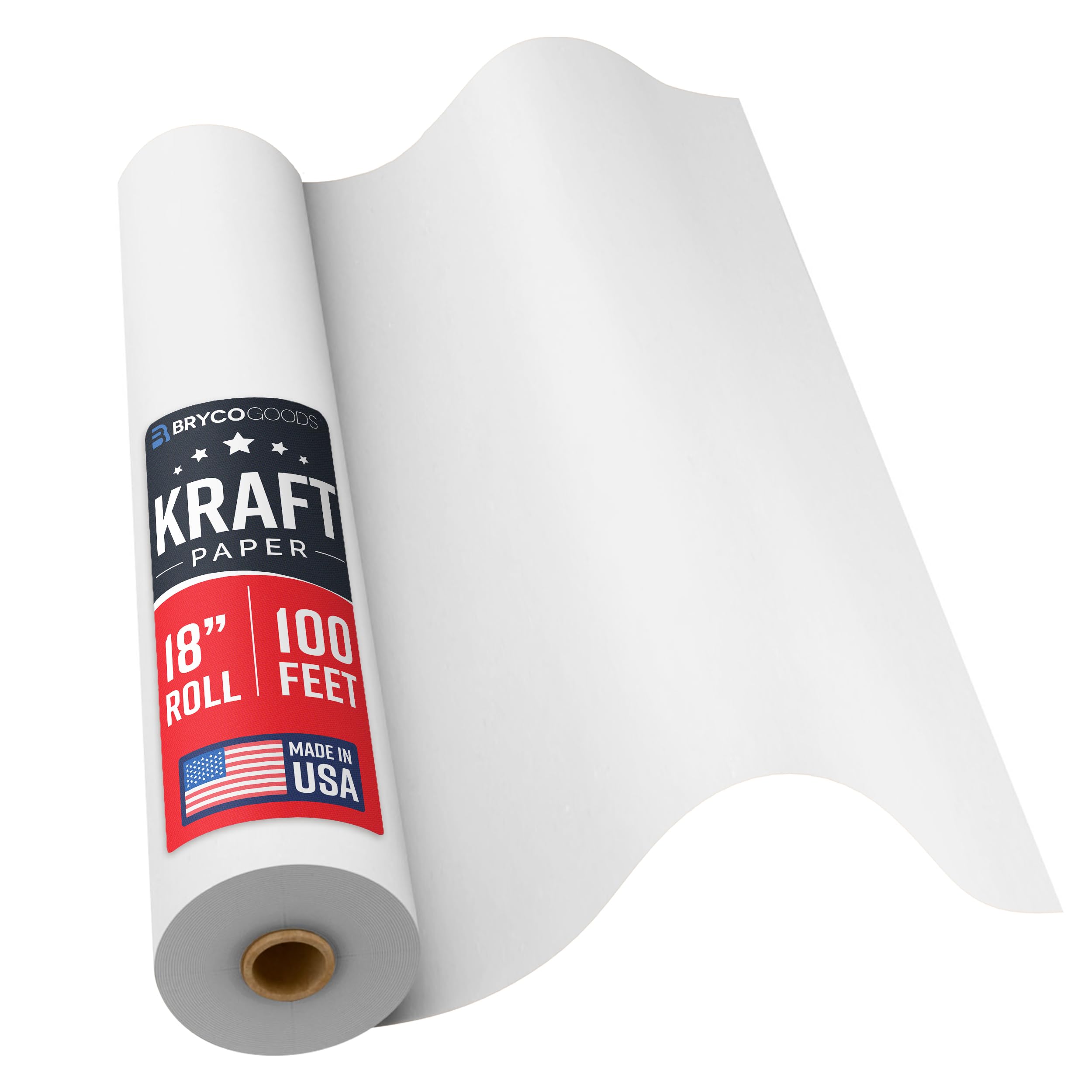 Bryco Goods 18”x1200” (100’) White Wrapping Paper – Kraft Paper Roll for Painting, Drawing, Banner, Bulletin Board, Easel Use, Floor Covering, Packaging, Shipping, Arts & Crafts – Made in USA