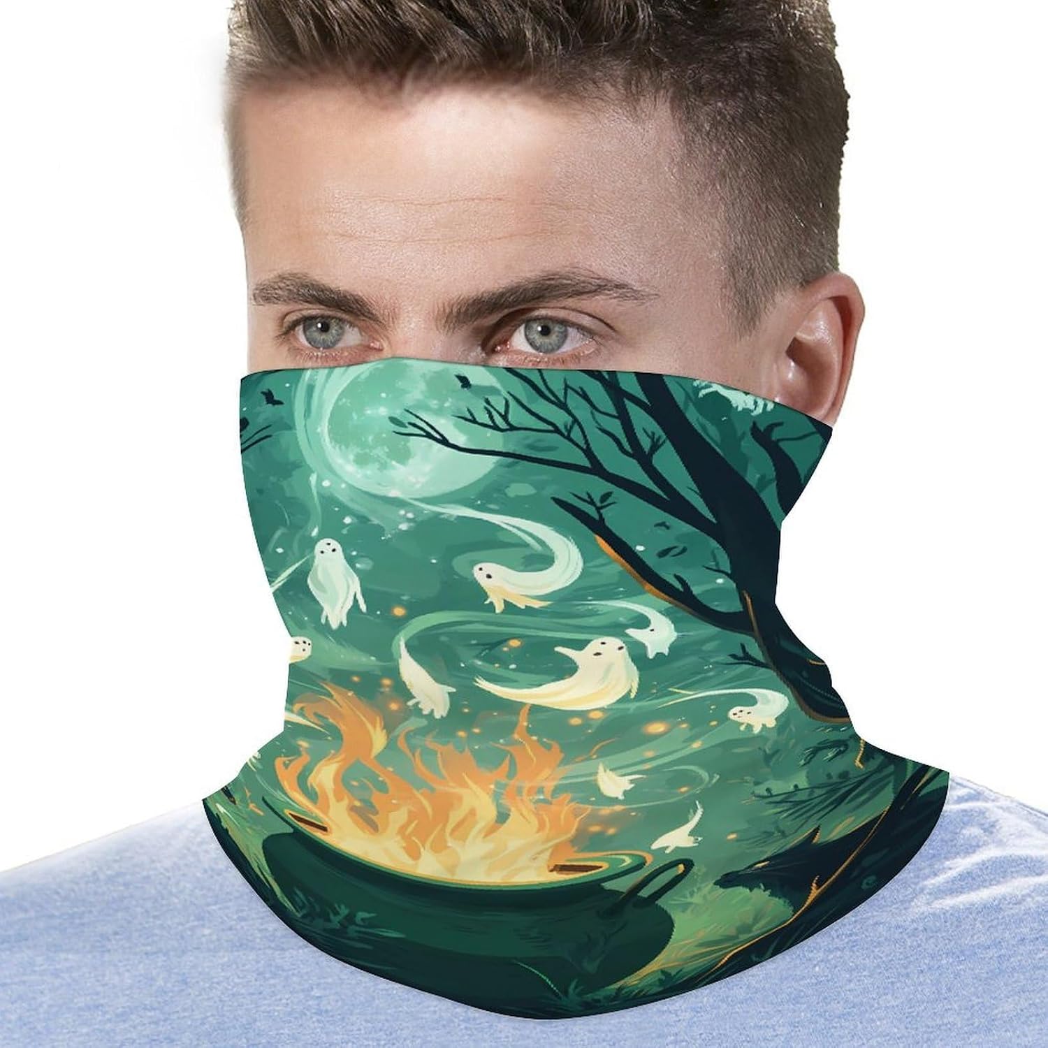 Ghost In Witch Pot Print Face Cover Neck Gaiters for Men Women Sun Protection Mask Scarf Hiking Bandana