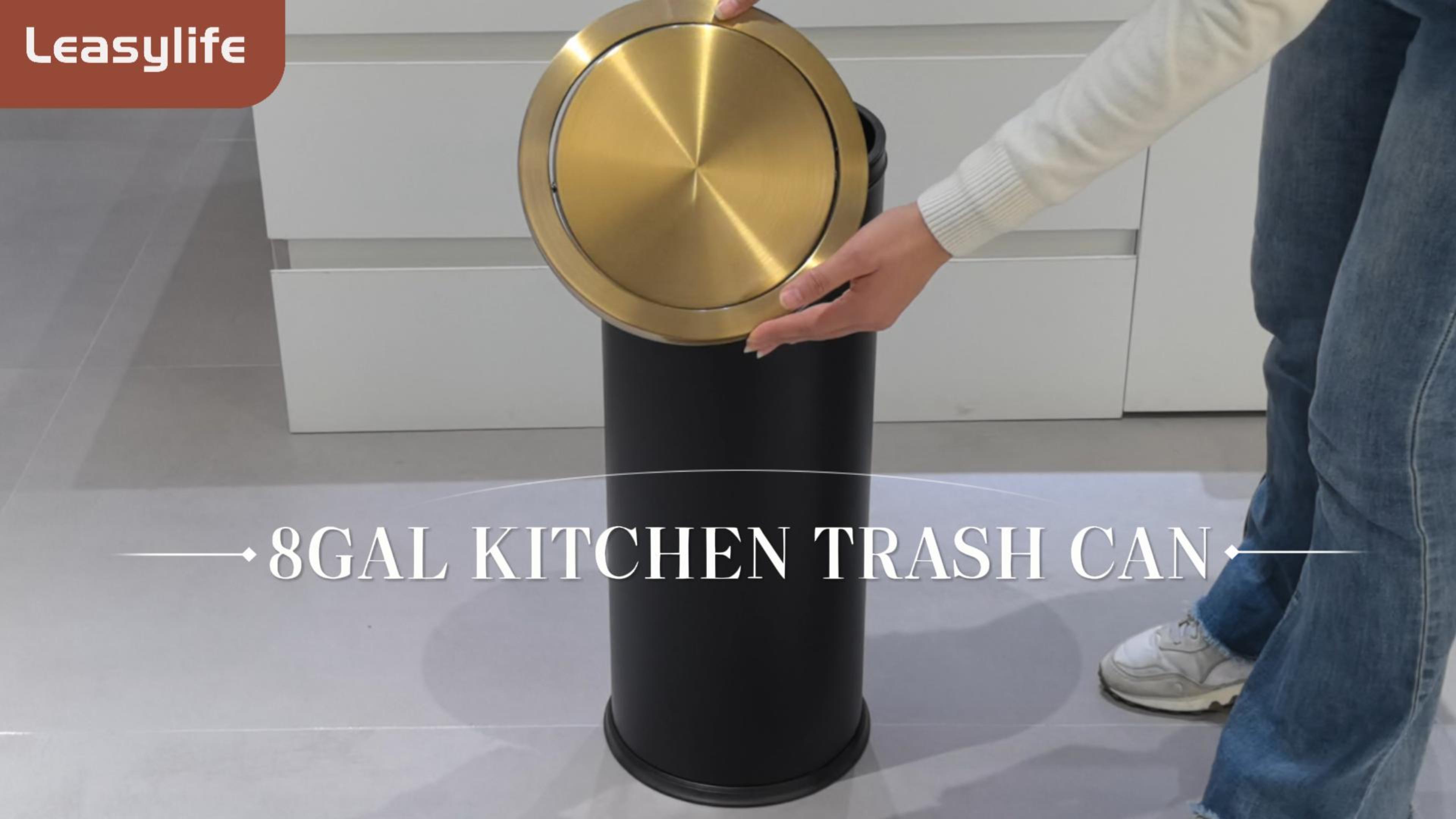 Image of 30L /8GAL Gold Brass Kitchen Trash Can,Tall Commercial Garbage Can with FILP Lid,Black and Gold Trash Can for Kitchen,Shopping mall,Elevator gate,Airport, Hotel,Commercial (Black)