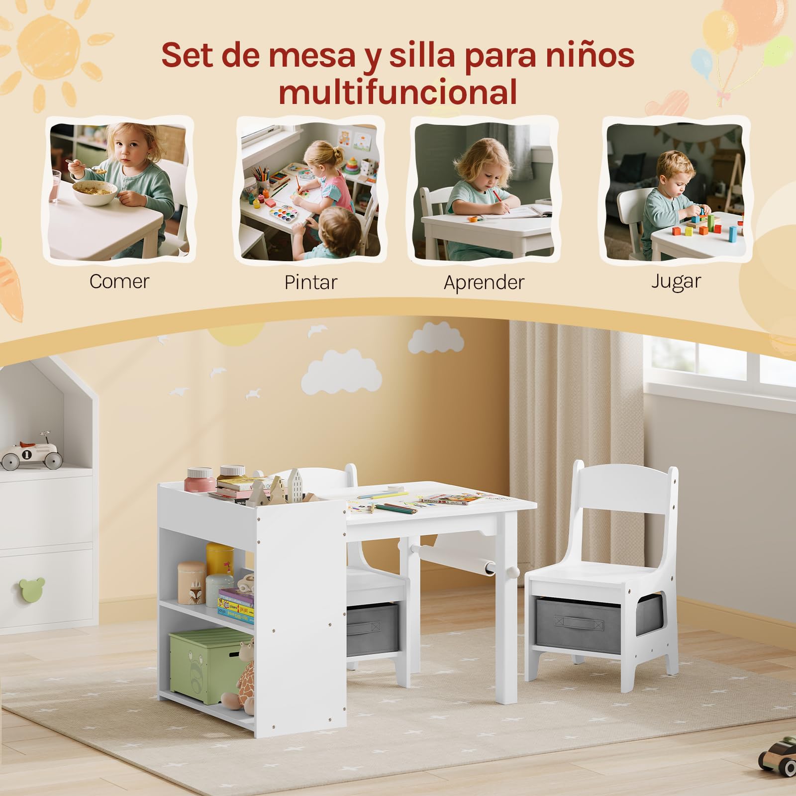 WOLTU Mesa Infantil con 2 Sillas, Blanco | Estantería de 3 Niveles, 1 Portarrollos, 2 Cajas de Tela, MDF