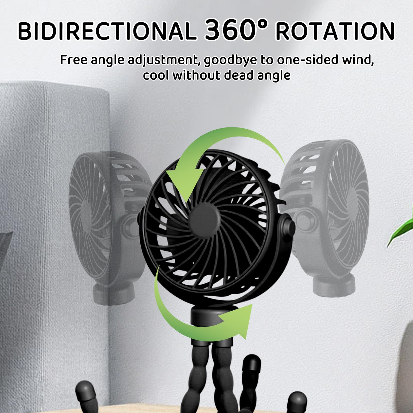 Ventilador Portátil para Cochecito,Ventilador USB de Trípode Silencioso Multifunción 3 Velocidade Rechargeable 360° Rotate Flexible Tripod Para Silla de Paseo,Escritorio,Cuna (Negro)
