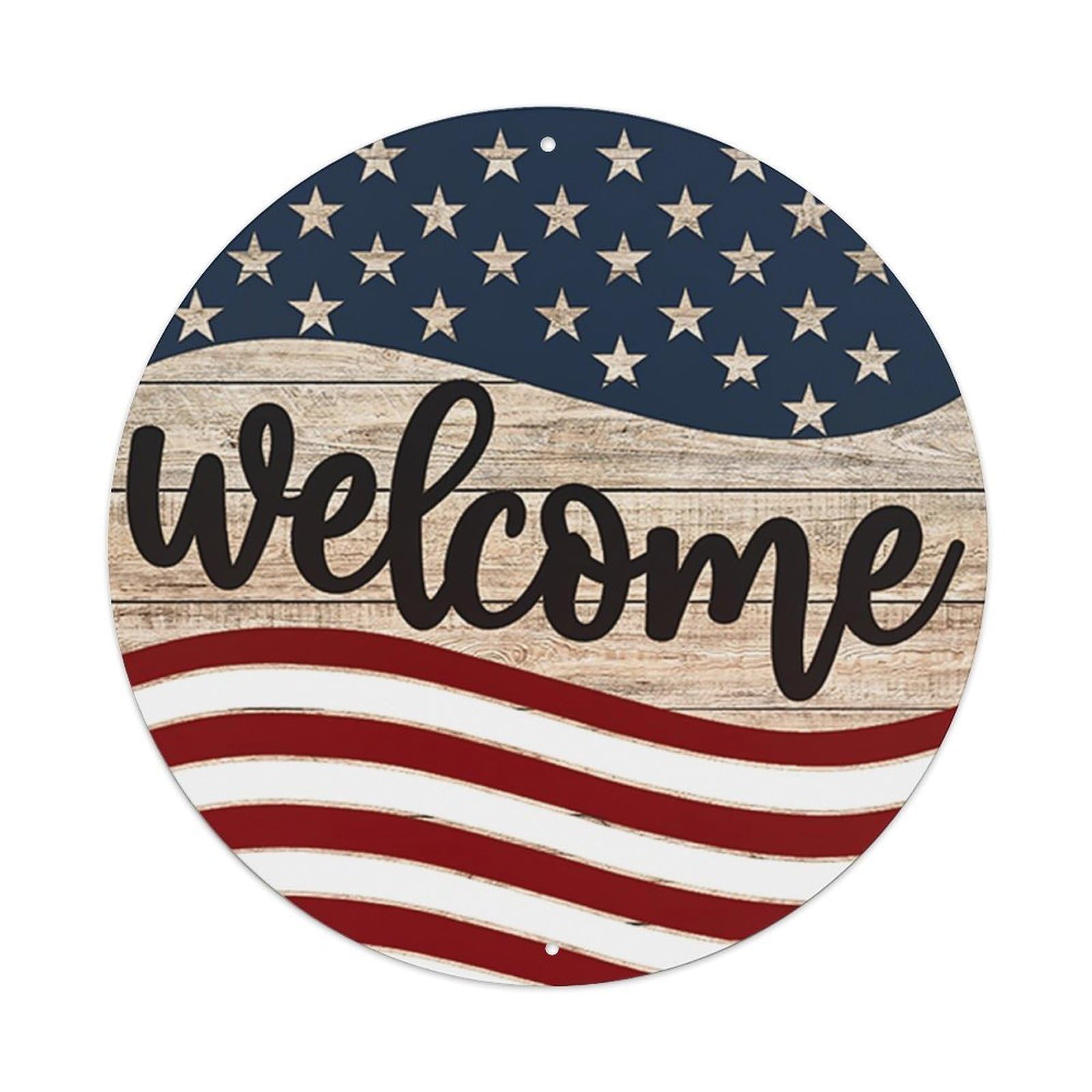 American Flag Wood Welcome Sign Vintage Round Tin Sign Retro Metal Wall Decor Metal Poster, Home Bar Garage Cafe Wall Art Decoration 8x8Inches