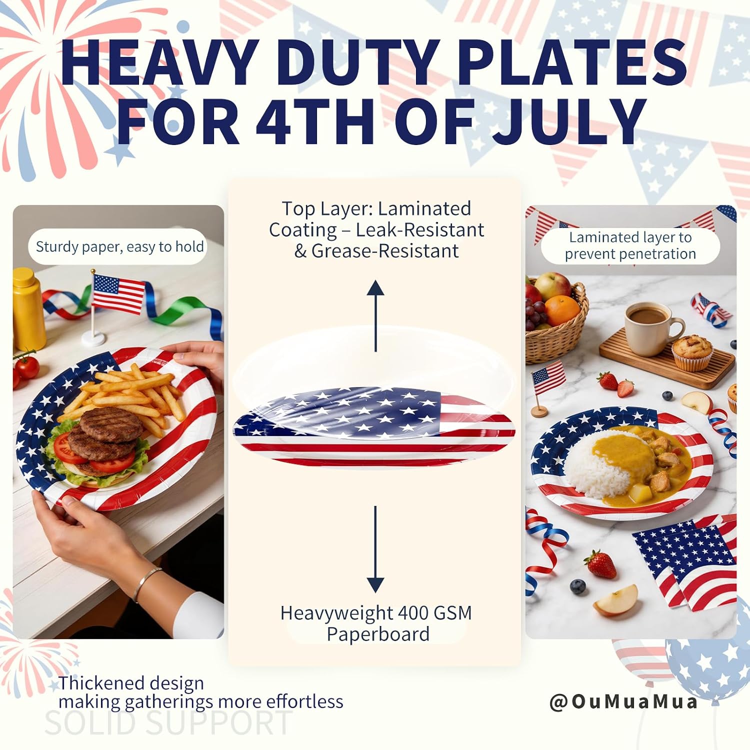 100 Pcs 4th of July Patriotic Paper Plates and Napkins Set Heavy Duty,12"x10" Large Red White Blue Oval Disposable Tableware Set for Veterans Election Day Independence Day American Flag Party Decor