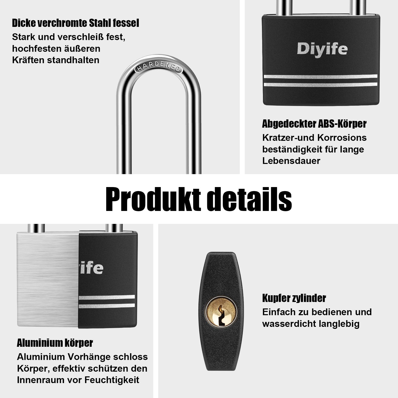 Diyife kłódka aluminiowa, 40 mm, wodoszczelna, 2 sztuki, 4 zamki na klucze z uchwytem o długości 63 mm, do szafek szkolnych, hal gimnastycznych, skrzynek na narzędzia, bagażu podróżnego, walizek