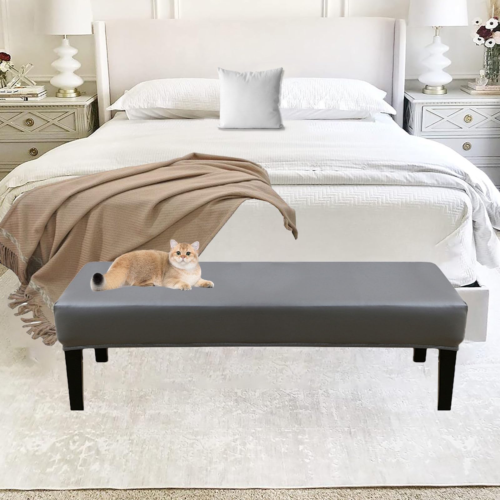 Funda de asiento impermeable de piel sintética elástica extraíble y lavable, para sala de estar y dormitorio, color gris oscuro, 120 cm