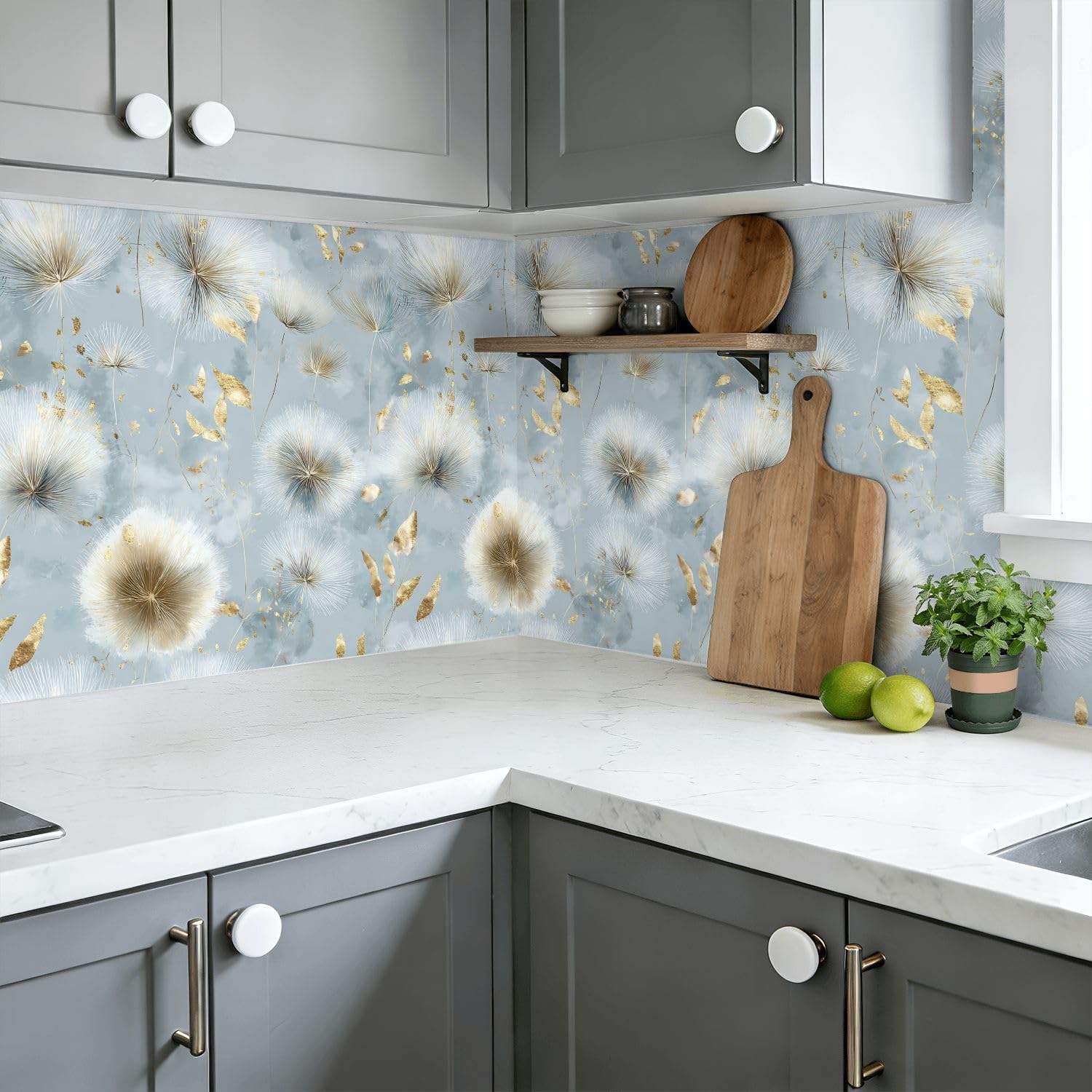 Rivestimento autoadesivo per mensole e armadietti, motivo floreale delicato con dente di leone, blu, morbido, autoadesivo, 45 cm x 3 m, carta da parati per armadi da cucina e cassetti
