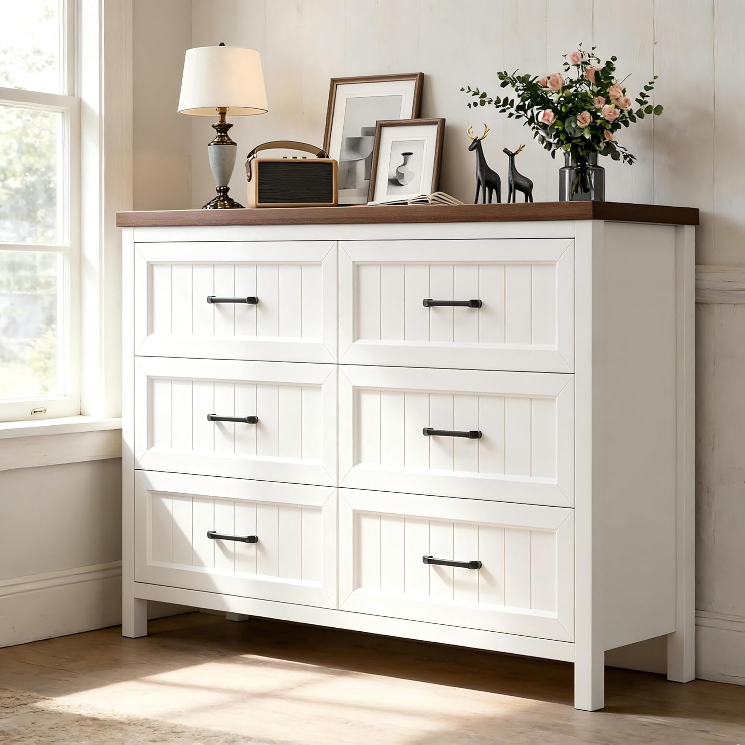 Farmhouse White 6 Drawer Dresser for Bedroom, Chest of Drawers - Large Double Dressers TV Stand with Deep Drawers Dressers for Hallway, Entryway - White & Brown