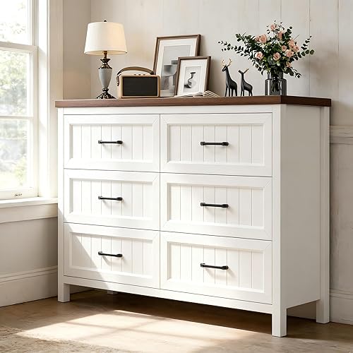 Farmhouse White 6 Drawer Dresser for Bedroom, Chest of Drawers - Large Double Dressers TV Stand with Deep Drawers Dressers for Hallway, Entryway - White & Brown