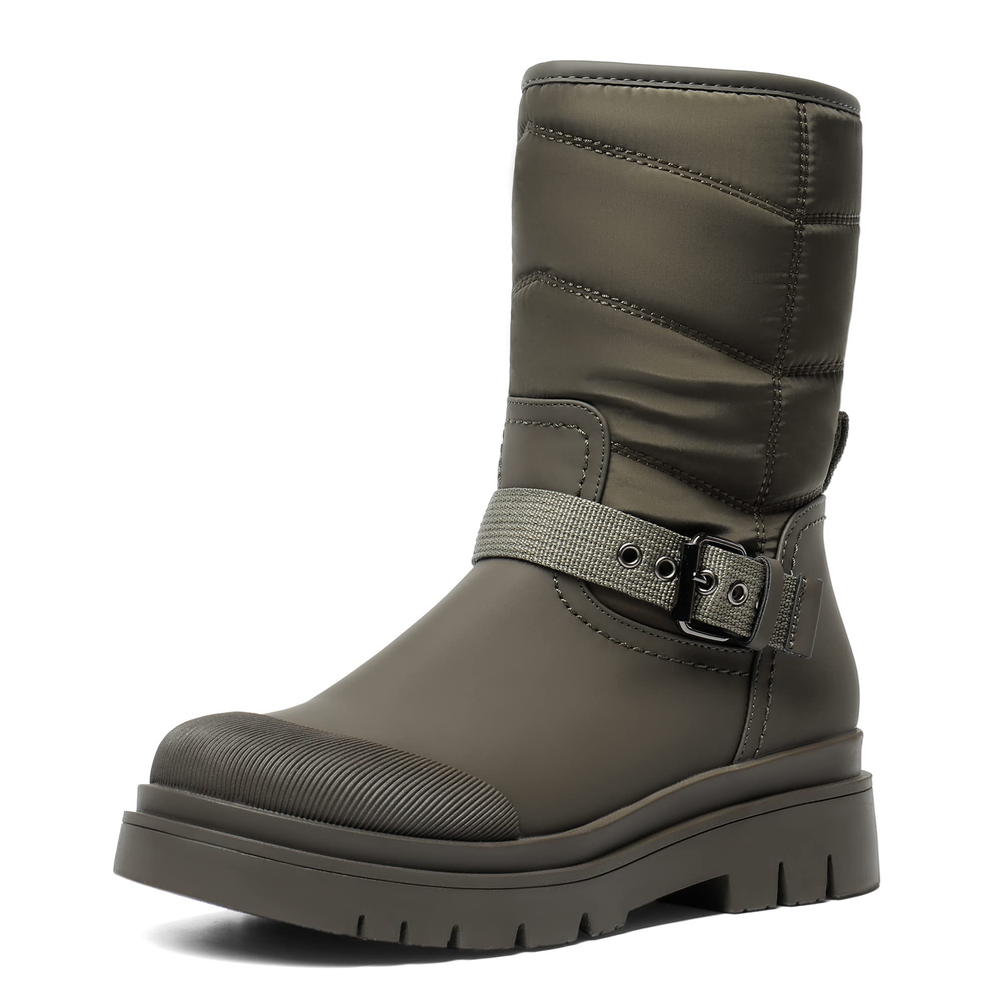 DREAM PAIRS Damen Schneestiefel | Glattes PU Dicke Sohle mit Riemchenbesatz am RistOlivgrün
