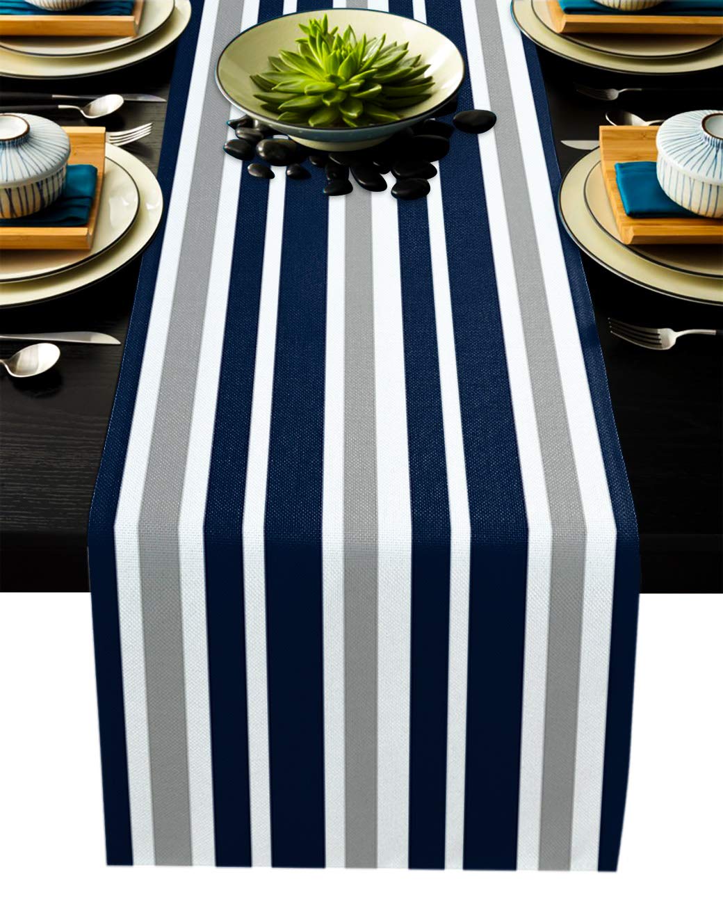 Stripe Table Runner-Navy Blue Gray White Cotton linen-Long 72 inche Dresser Scarves,Farmhouse Tablerunner for Kitchen Coffee/Dining/Sofa Table Bedroom Home Living Room,Scarf Decor for Holiday Dinner