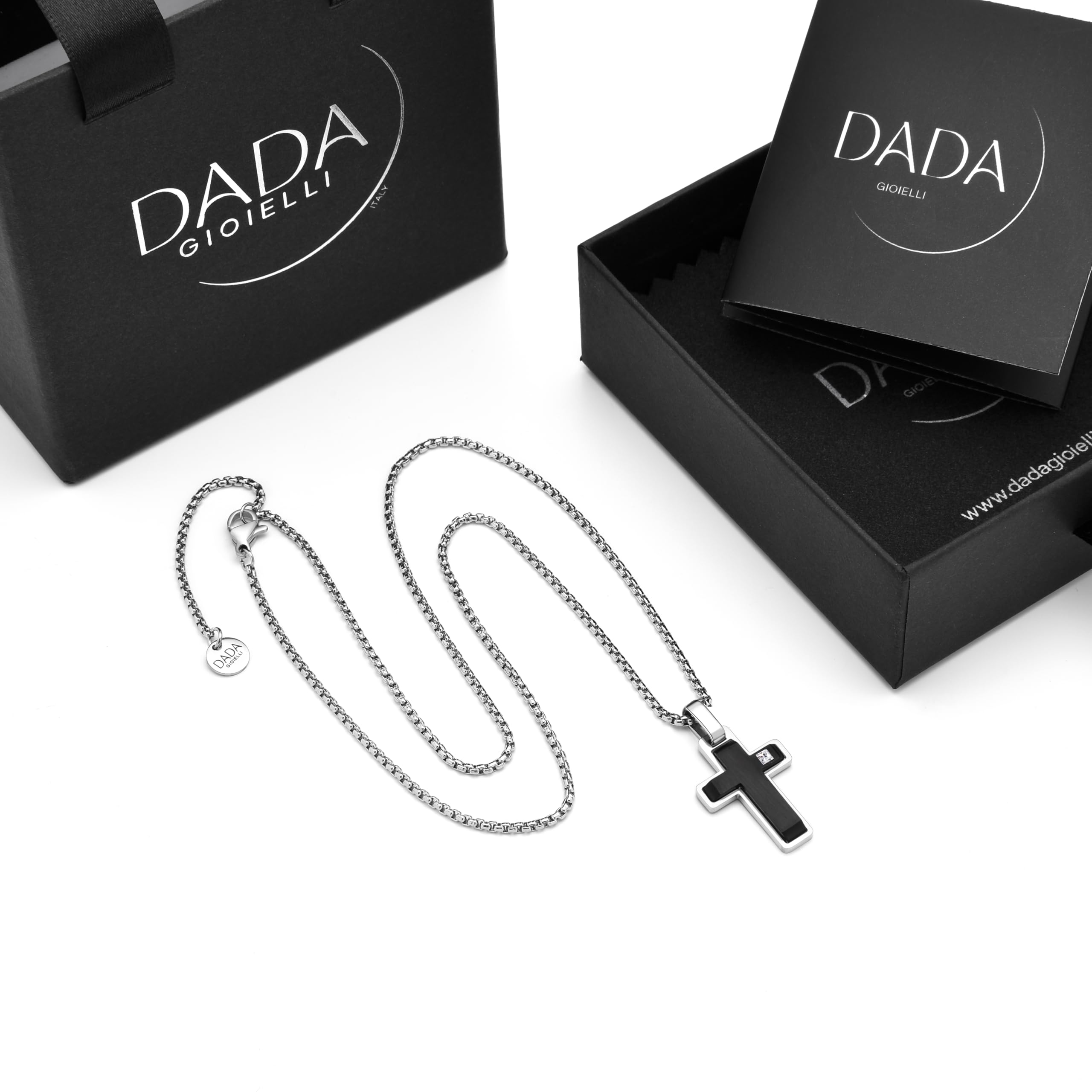 Dada Gioielli - Collana Croce Zircone Brillante Laterale Stile Satinato Diamantato 45+5cm