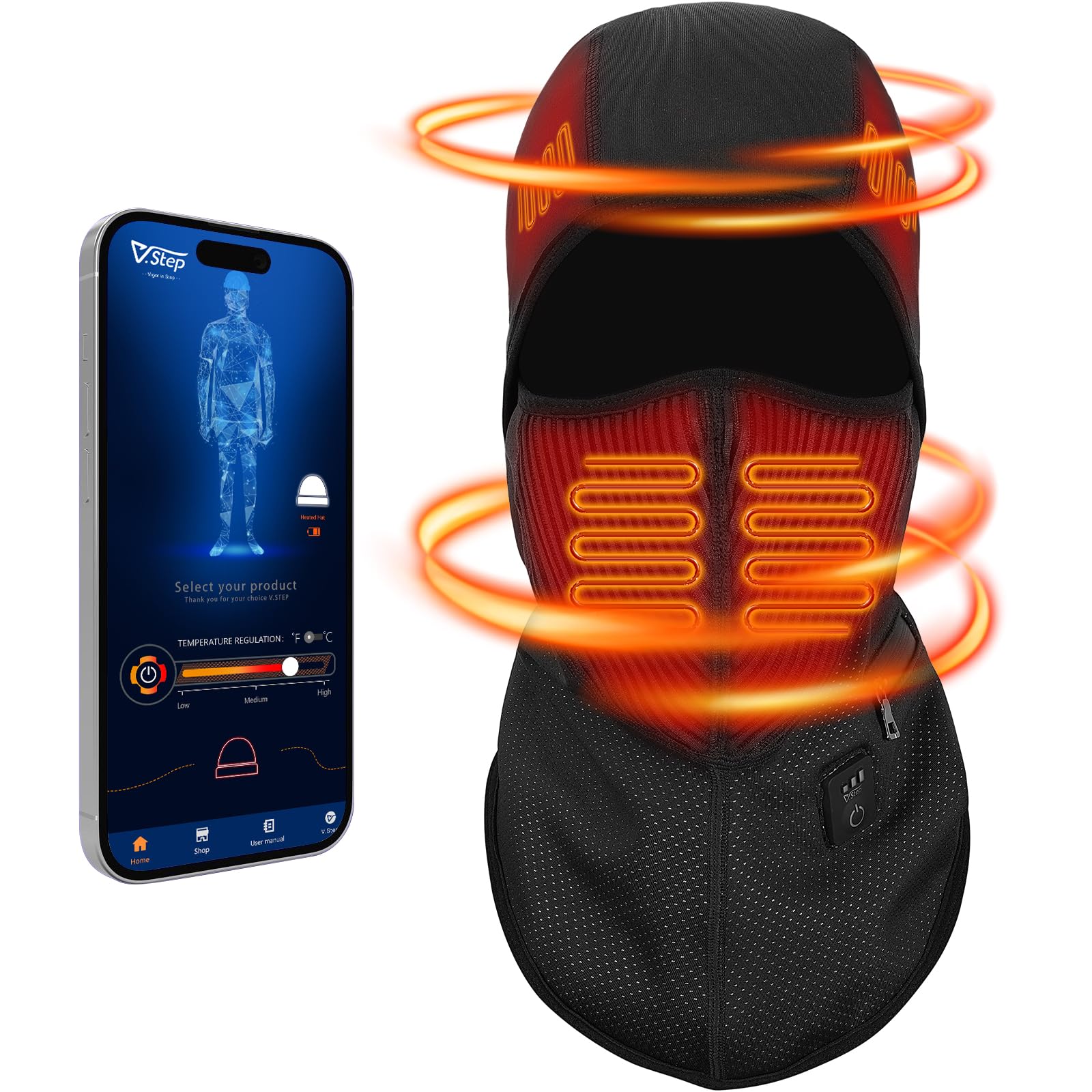 V Step Heated Balaclava with Battery APP Control Heated Balaclava Face Mask Men Women with Timer Design Windproof