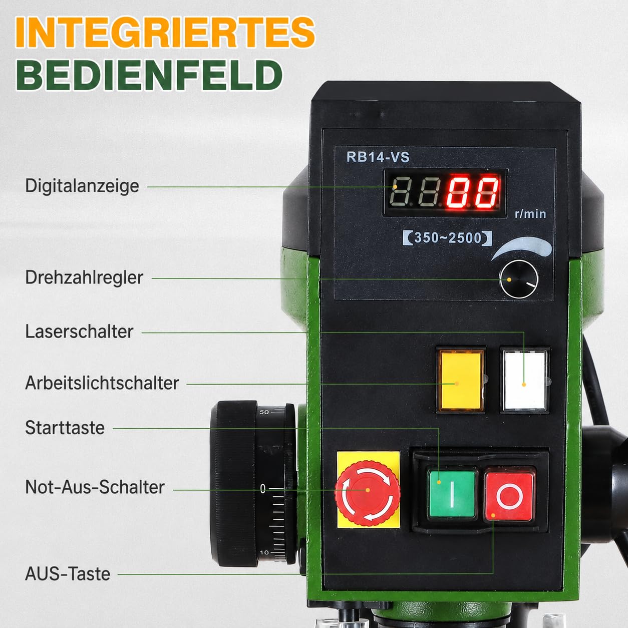 Präzisions-Tischbohrmaschine RB14-VS, 350W DC-Motor, 350–2500 U/min, 1,5–13 mm Bohrfutter, Digitalanzeige, Laser & LED, Tiefenanschlag für Holz Metall Kunststoff, Säulenbohrmaschine
