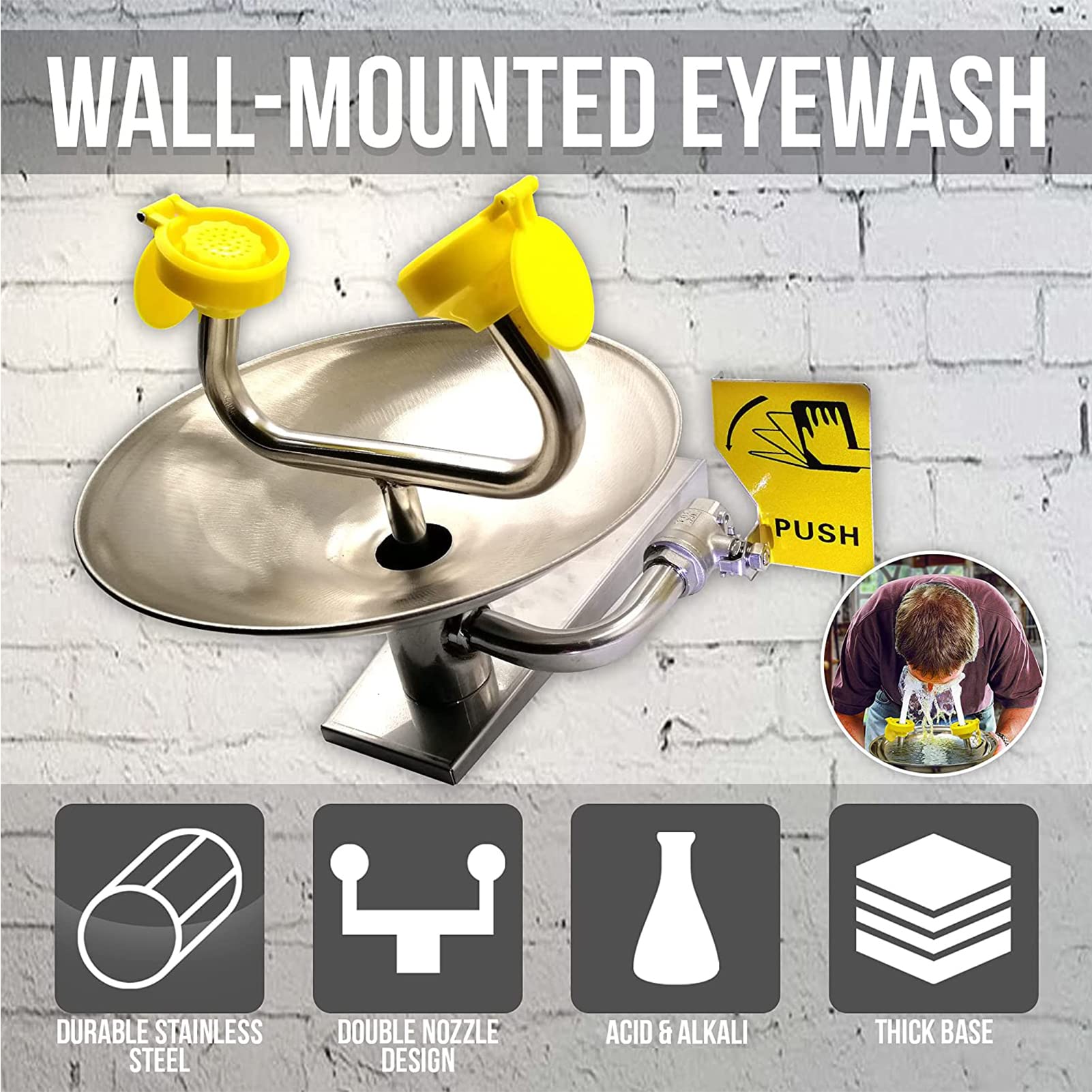 An der Wand montierte Augendusche für den Notfall, Sicherheits-Augenduschen-Set für den Außen- und Innenbereich, Augendusche aus Edelstahl mit ABS-Beschichtung für die Notfallreinigung (Silber)