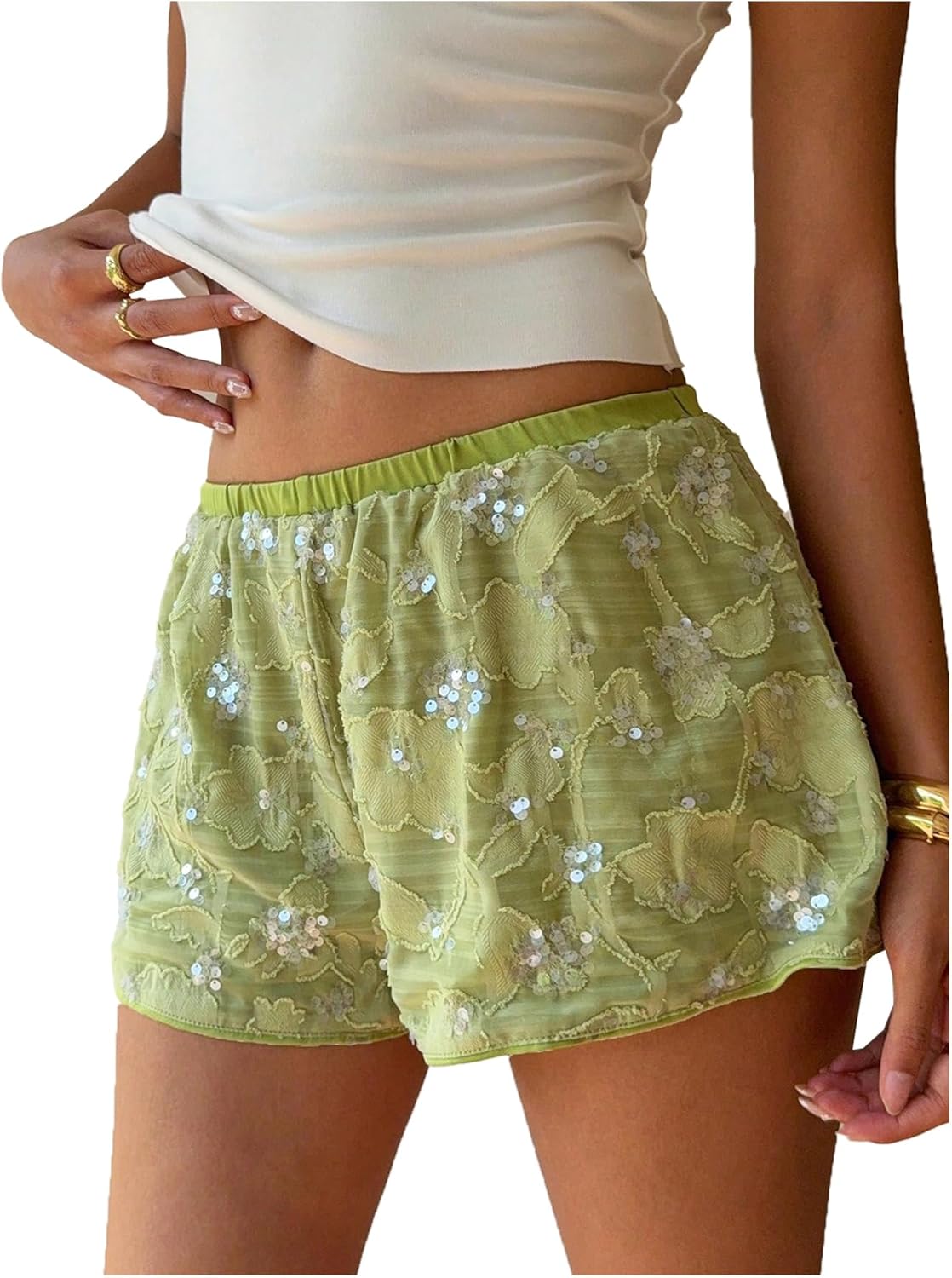GORGLITTER Women's Sequin Shorts Y2K Sparkly Beaded Floral Embroidery Mesh Wide Leg Shorts