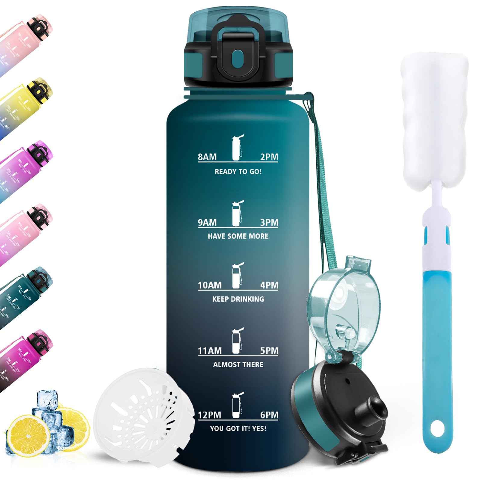 Borraccia 1.5 Litro, Senza BPA, Tenuta Stagna, Indicatori Tempo, Spazzola Bottiglie, Riutilizzabile, per Palestra Ufficio Scuola