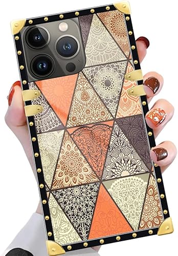 Funda cuadrada compatible con iPhone 14 Pro Max (6.7 pulgadas), diseño retro de mandala dorado, de lujo, suave TPU duro, parte trasera de