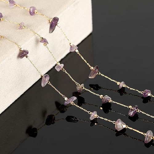 Miniatura 5 de KYUNHOO Cadena de latón chapada en oro de 16.4 ft para hacer joyas, collar de cristal de piedra natural irregular púrpura a granel con anillos de