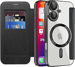IMEIKONST Magnetic Cover for iPhone 16 with Card Slots, [Compatible with MagSafe] [RFID Blocking] PU Leather Wallet Flip Transparent Case for iPhone 16. Black JDCX