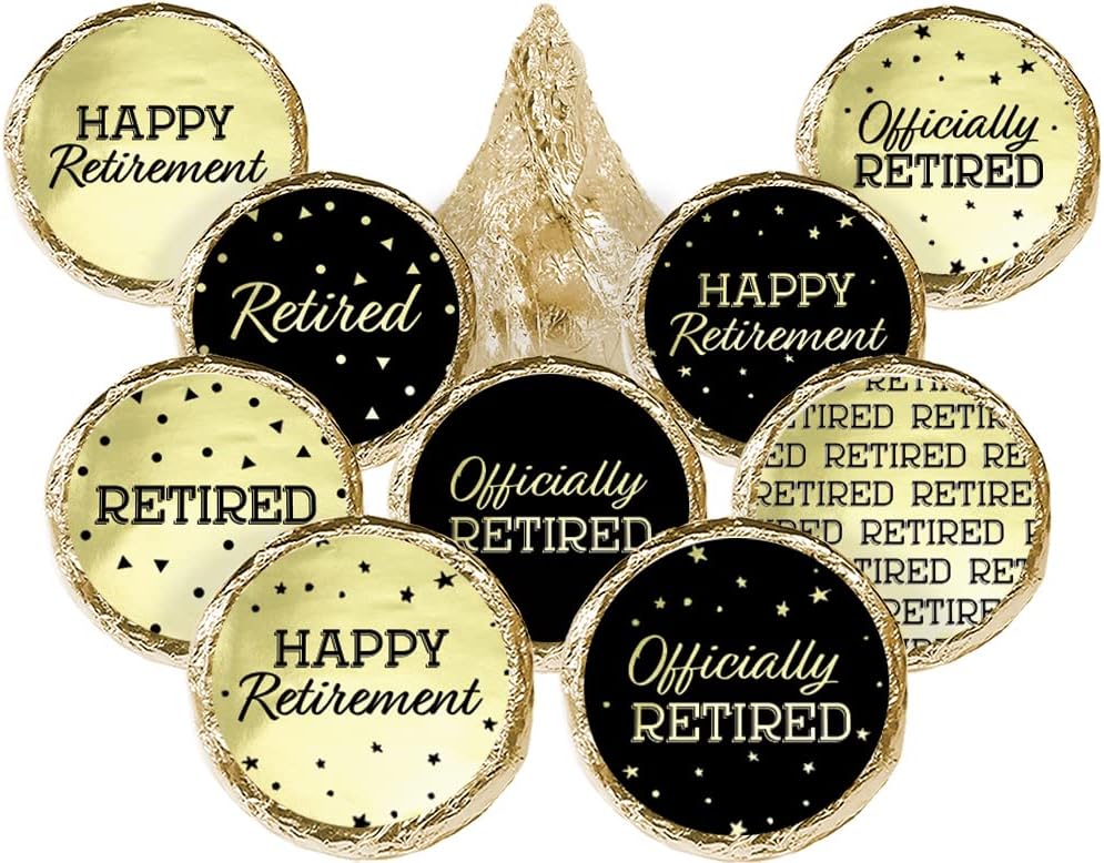 Black and Gold Retirement Party Favor Stickers - Shiny Foil - 180 Labels