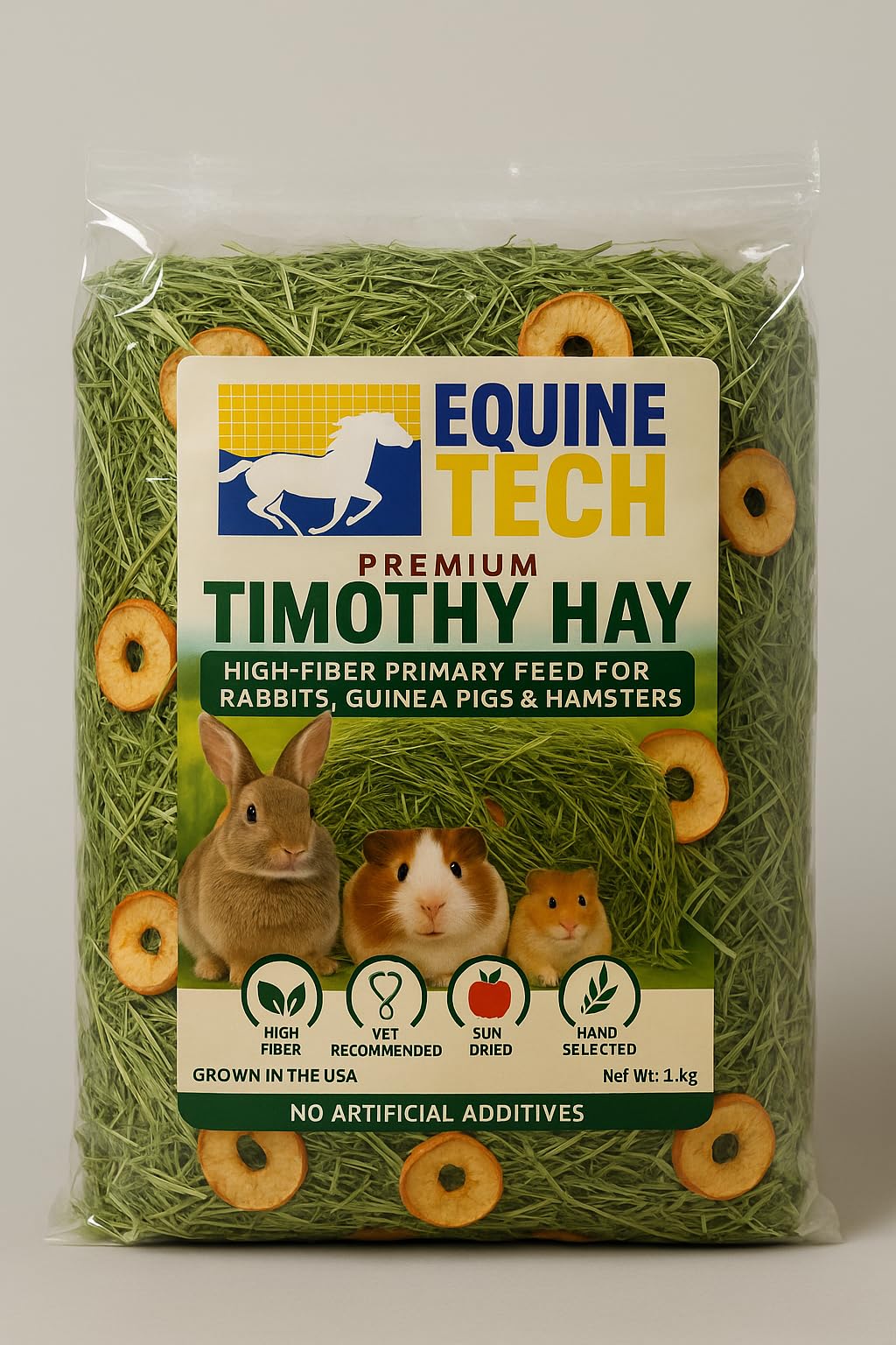 Fresh Timothy Hay for Rabbits, Guinea Pigs & Hamsters. High Fiber, with Added Sun-Cured Apple Slices, Dust-Free, 100% Natural Small Animal Feed - 1 Kg