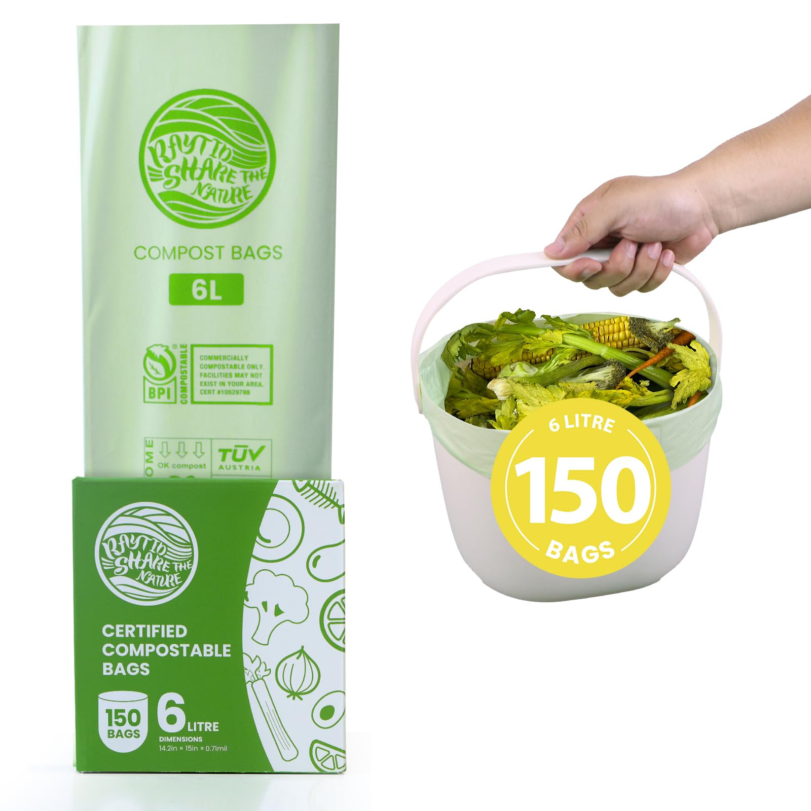 RAYTID Compostable Food Waste Bags 6L 150 food bin Bags EN13432 Home Compost bin liners