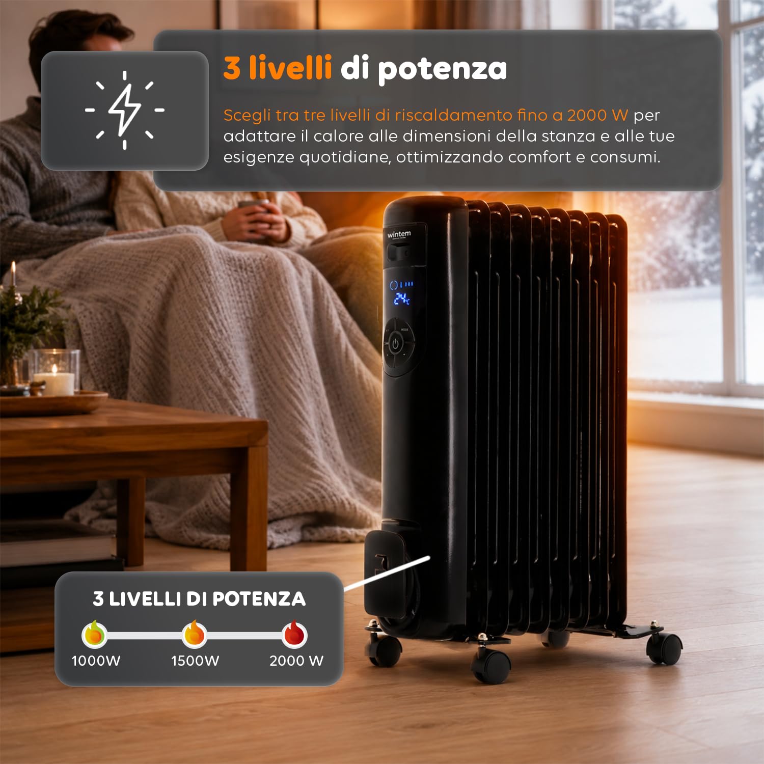 Radiatore Elettrico ad Olio 9 Elementi da 1500 Watt con Timer Programmabile per Accensione e Spegnimento - Display Digitale a Led e Telecomando, 60cm