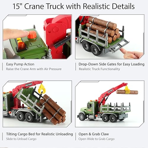Miniatura 5 de Wenbeier Camión de granja de juguete para niños, camión de madera grande de 15 pulgadas con grúa de carga y 6 maderas, camión de troncos con sonido