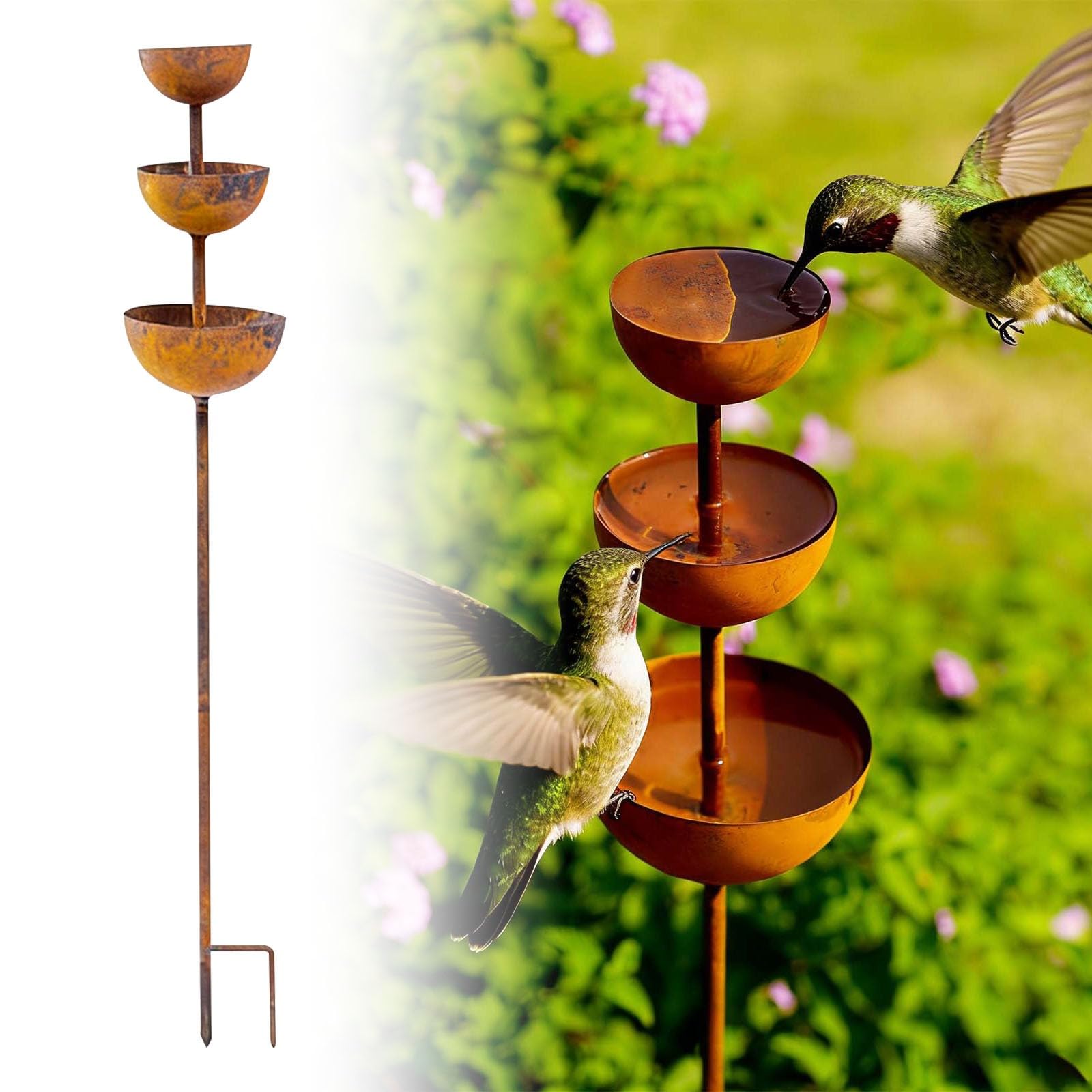 Mangeoire et baignoire pour oiseaux avec bols d'eau, piquet de jardin à 3 niveaux pour décoration extérieure, terrasse, cour, pelouse