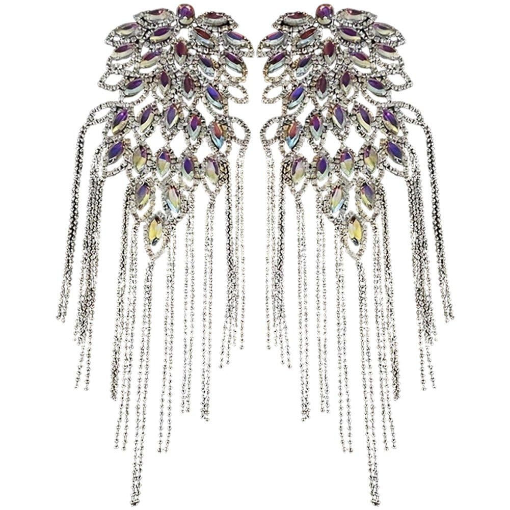 Sslvya Rhinestone Tassel Shoulder Epaulets Long Chain Fringe Blazer Shoulder Badge Uniform Epaulette Brooch Pin for Men and Women