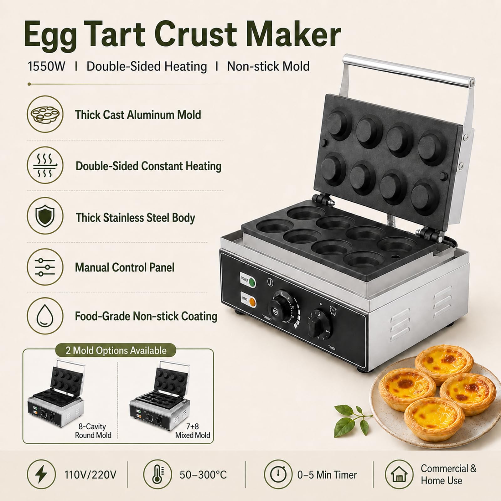 Waffle Maker per Pasticcerie, 1550W con Doppio Riscaldamento 8Round