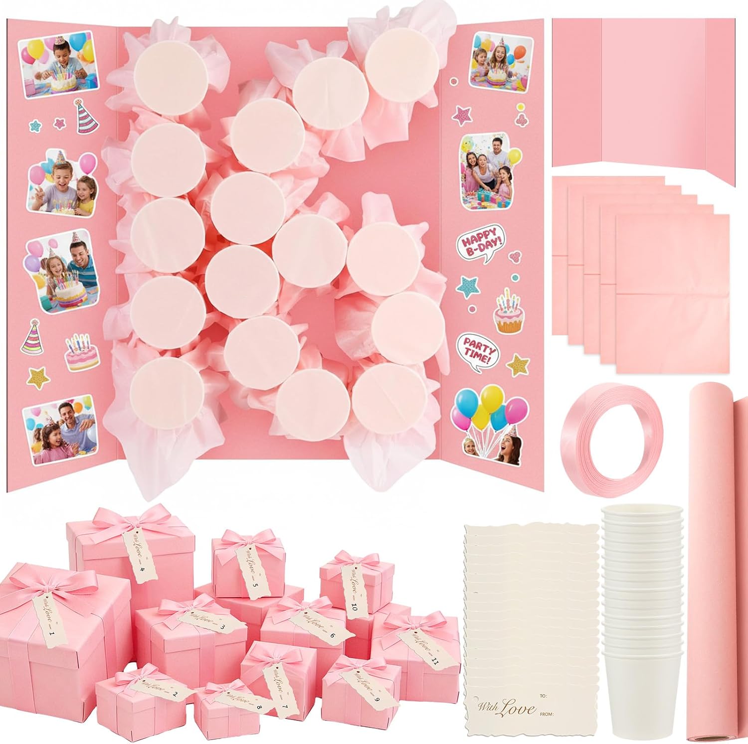 Tinlade 41 Pcs Sweet 16 Birthday Countdown Punch Board to 16th Birthday Calendar Punch Game with Pearly-luster, Satin Ribbon, Gift Tags, Paper Cups, Paper Display Board Kit for Girls 16 Days Surprise