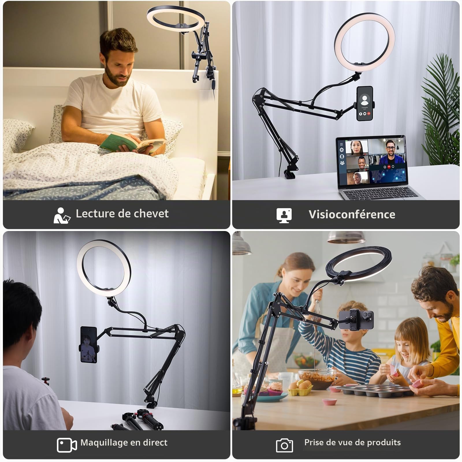 Ring Light avec Support de Téléphone, ULANZI 10“ Anneau Lumineux avec Bras Articulé Telephone, 3 Températures de Couleur(3000-6000k), 10 Luminosités Lampe Annulaire Réglable (Noirs)
