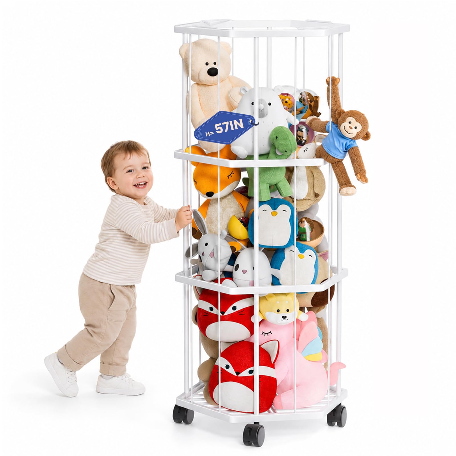Almacenamiento de juguetes suaves, almacenamiento de animales de peluche, almacenamiento de juguetes de peluche con red de malla, tubo organizador de juguetes de peluche con ruedas de freno, jaula de