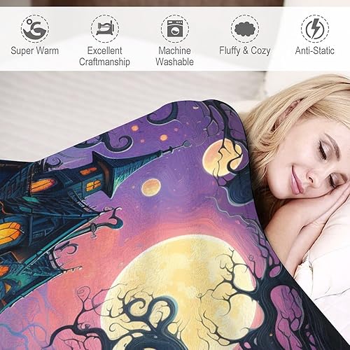 Miniatura 4 de Manta de forro polar con diseño de casa encantada, castillo, luna, calabazas, otoño, Halloween, lujosa, cálida y acogedora para sofá, cama, oficina,