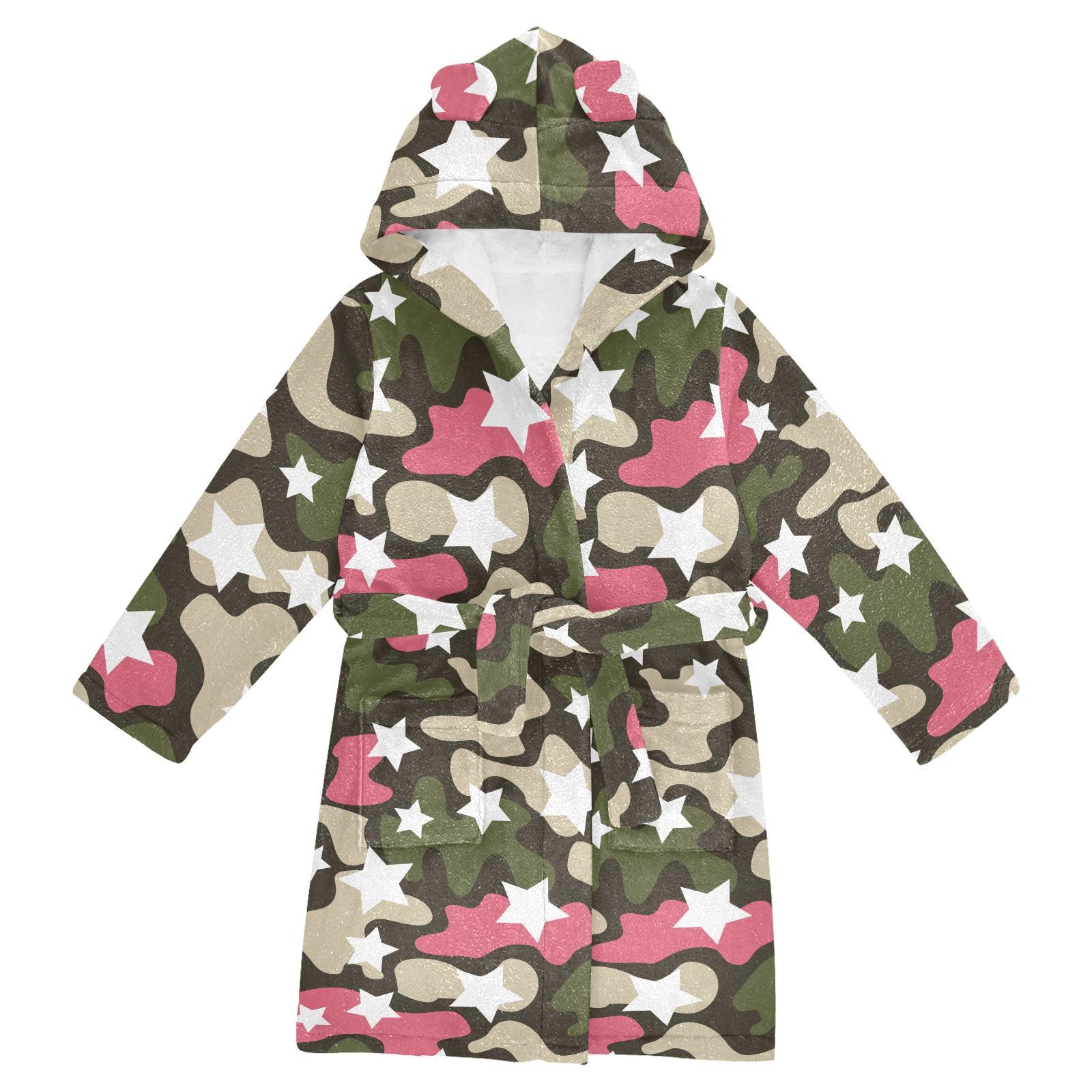 WIFIU Toddler Baby Hooded Bathrobe for Boys Girls Pink Camouflage Stars Pattern Printed, Soft Plush Bath Towel Robe with 2 Pockets for 7-9 Years
