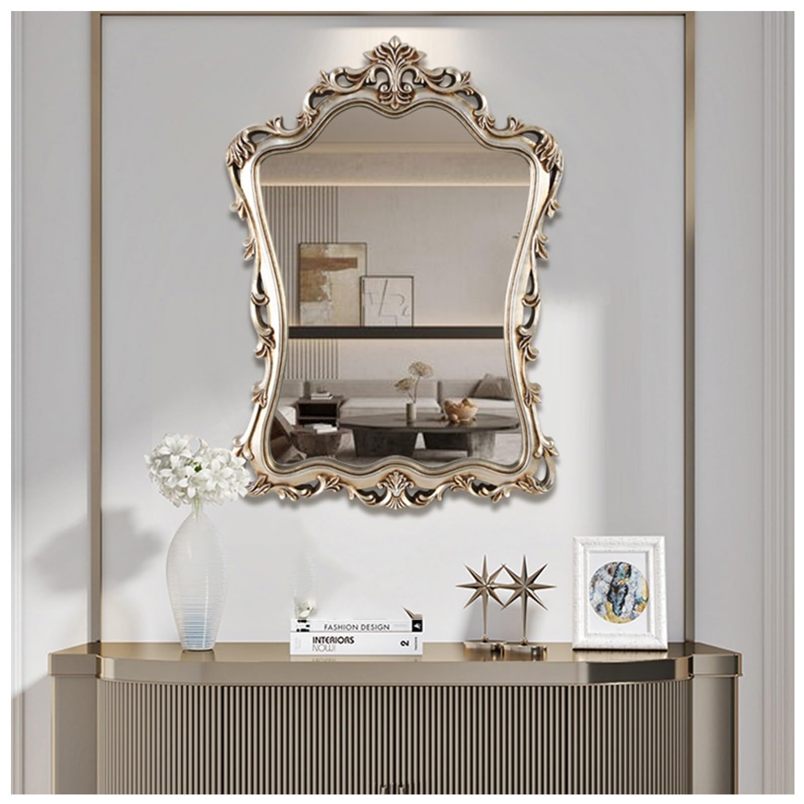 Fitlin Retro Wall Mounted Bathroom MirrorCarved Design for Bedroom Living Room & EntranceDecorative Vanity Mirror(A - Silver,95 * 78cm/37.4 * 30.7in)