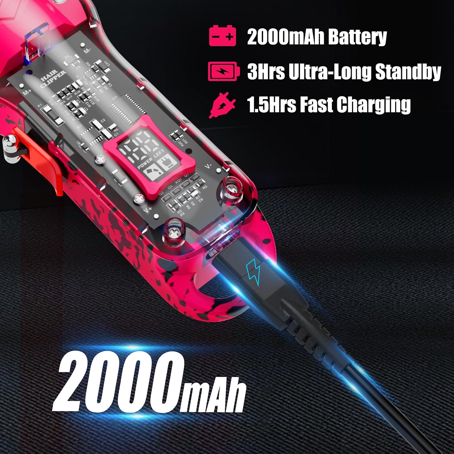 Professional Hair Clippers for Woman, Cordless Barber kit for Hair Cutting & Grooming, Hair Clippers Set for Barber Haircut with LED Display 8 Fade Taper Combs(Pink)