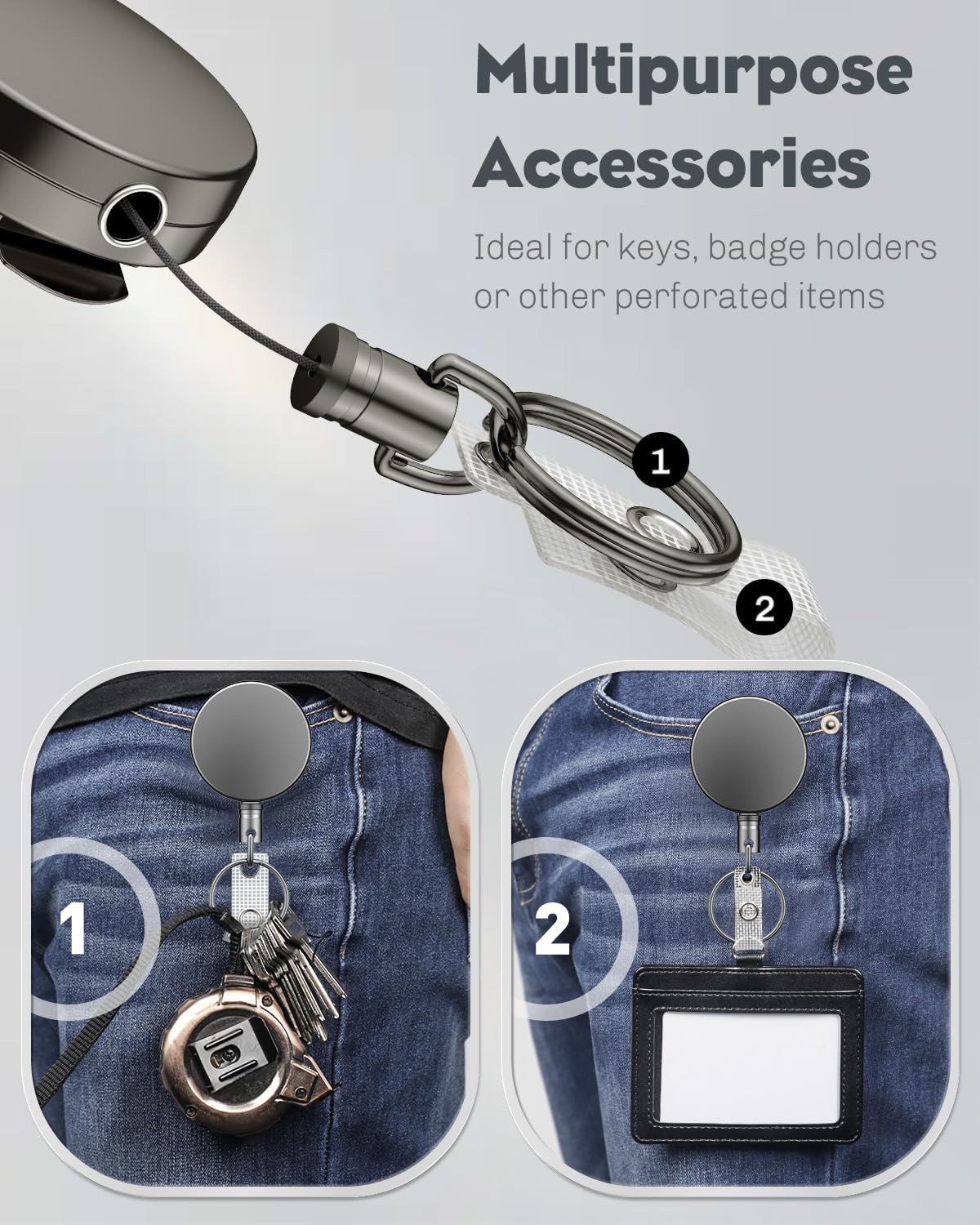 Uniclife Set van 2 Heavy Duty metalen intrekbare badge reels voor badgehouder, intrekbare sleutelhanger, volledig metalen behuizing met roestvrijstalen veerspoel 60 cm nylon koord riemclip en