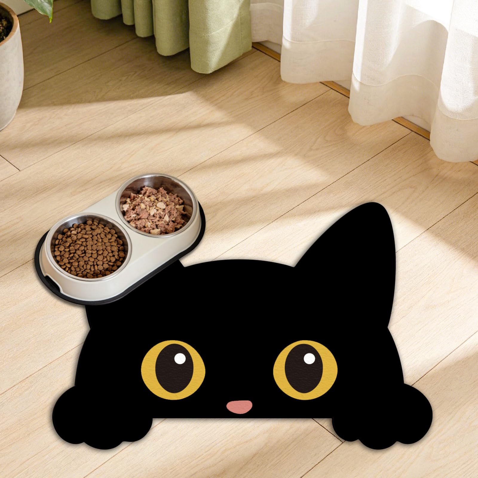 GLOBLELAND Black Cat Shaped Pet Food Mat for Floors 23.6x15.7 inch Cute Animal Prints Feeding Mats Non-Slip Floors Mat Absorbent Pet Placemats for Cats Dogs Bowl and Water Dispenser